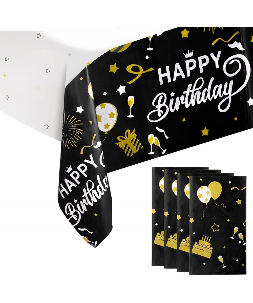 Happy Birthday Table Cloth Cover Party Decorations Black and Gold Plastic Tablecloths for Birthday Party Supplies Pack of 4 5...