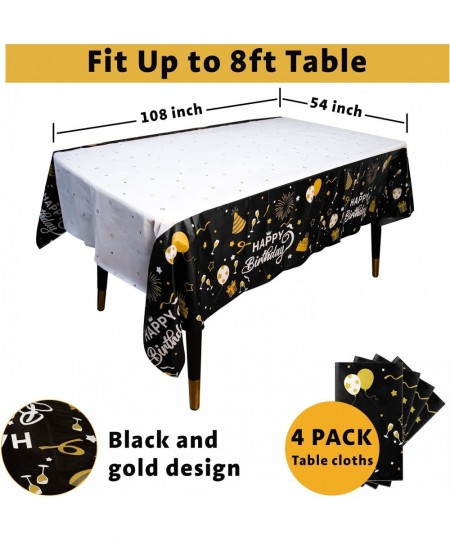 Happy Birthday Table Cloth Cover Party Decorations Black and Gold Plastic Tablecloths for Birthday Party Supplies Pack of 4 5...