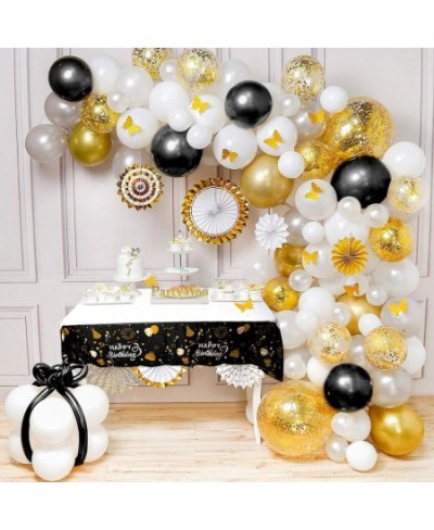 Happy Birthday Table Cloth Cover Party Decorations Black and Gold Plastic Tablecloths for Birthday Party Supplies Pack of 4 5...