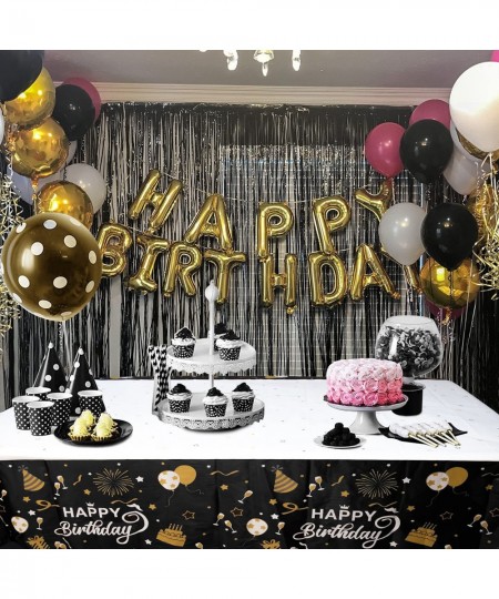 Happy Birthday Table Cloth Cover Party Decorations Black and Gold Plastic Tablecloths for Birthday Party Supplies Pack of 4 5...