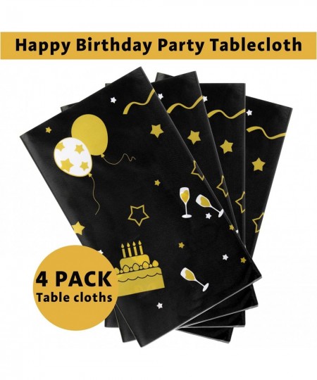 Happy Birthday Table Cloth Cover Party Decorations Black and Gold Plastic Tablecloths for Birthday Party Supplies Pack of 4 5...