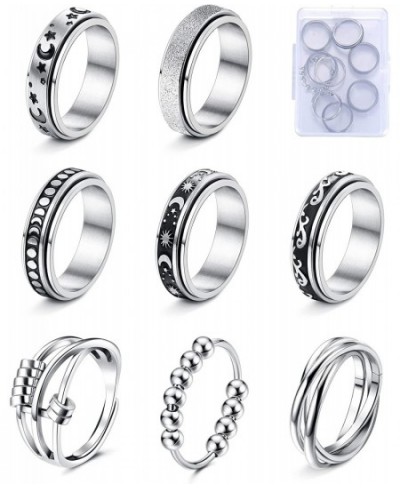 4/6/8/9 Pcs Fidget Anxiety Ring for Women Men Stainless Steel Spinner Ring for Anxiety Bead Flower Sun Moon Star Stress Relie...