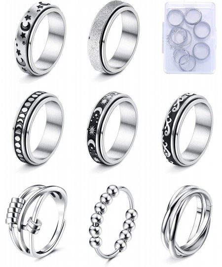 4/6/8/9 Pcs Fidget Anxiety Ring for Women Men Stainless Steel Spinner Ring for Anxiety Bead Flower Sun Moon Star Stress Relie...