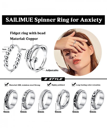 4/6/8/9 Pcs Fidget Anxiety Ring for Women Men Stainless Steel Spinner Ring for Anxiety Bead Flower Sun Moon Star Stress Relie...