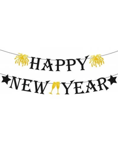 Black Glittery Happy New Year Banner with Fireworks Stars and Champagne Glasses Signs 2022 New Year Garland Banner New Year E...