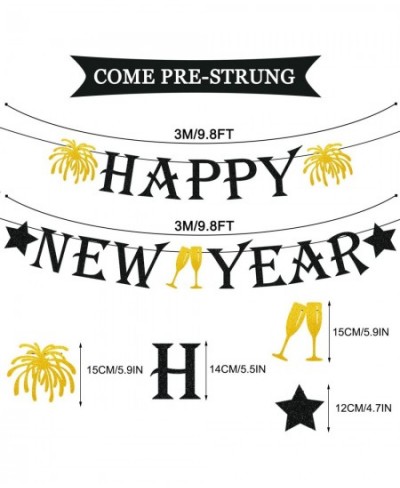 Black Glittery Happy New Year Banner with Fireworks Stars and Champagne Glasses Signs 2022 New Year Garland Banner New Year E...