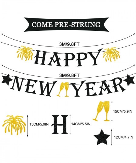 Black Glittery Happy New Year Banner with Fireworks Stars and Champagne Glasses Signs 2022 New Year Garland Banner New Year E...