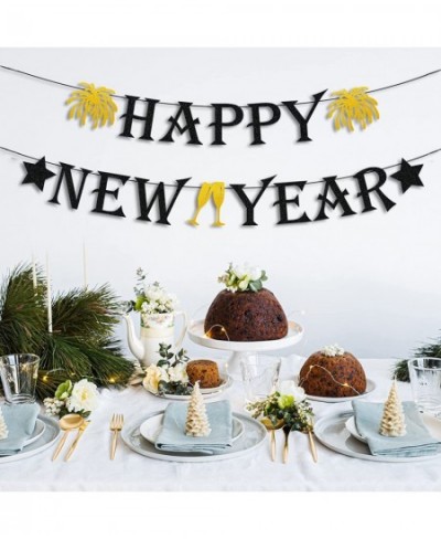 Black Glittery Happy New Year Banner with Fireworks Stars and Champagne Glasses Signs 2022 New Year Garland Banner New Year E...