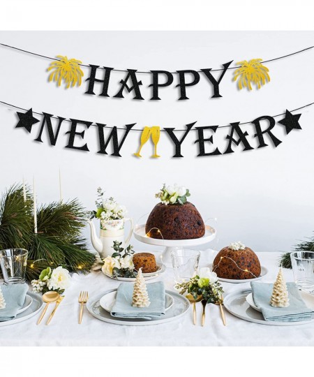 Black Glittery Happy New Year Banner with Fireworks Stars and Champagne Glasses Signs 2022 New Year Garland Banner New Year E...