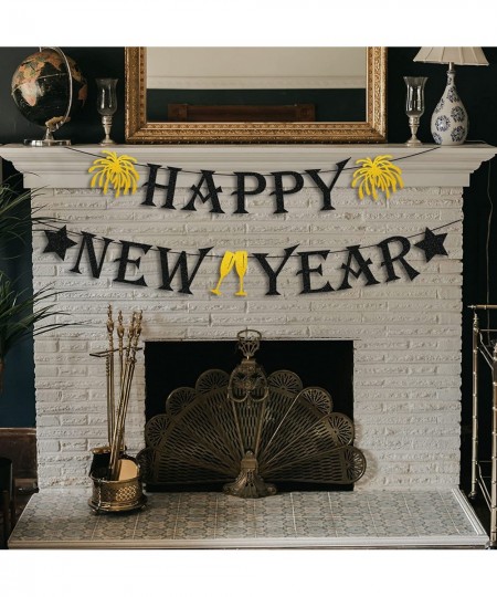 Black Glittery Happy New Year Banner with Fireworks Stars and Champagne Glasses Signs 2022 New Year Garland Banner New Year E...