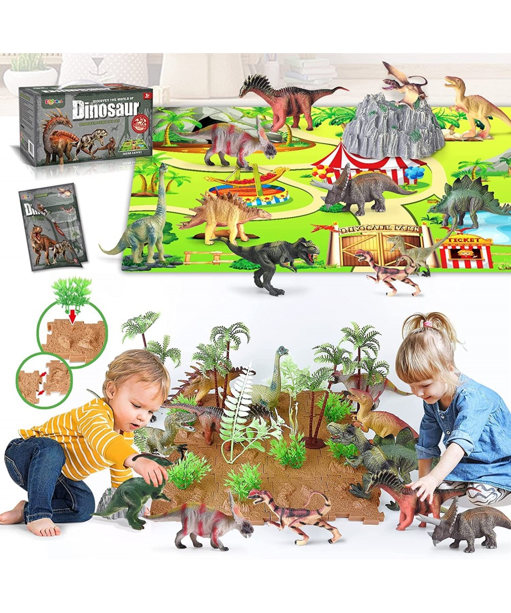 12 Pcs Dinosaur Toys for Kids Ages 3-12 with 1 Play Mat 1 Education Booklet 16 Blocks and 16 Trees Mountains Realistic Jurass...