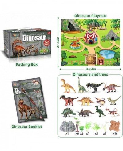 12 Pcs Dinosaur Toys for Kids Ages 3-12 with 1 Play Mat 1 Education Booklet 16 Blocks and 16 Trees Mountains Realistic Jurass...