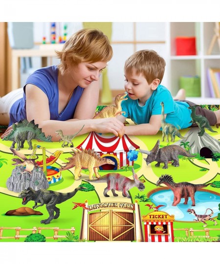 12 Pcs Dinosaur Toys for Kids Ages 3-12 with 1 Play Mat 1 Education Booklet 16 Blocks and 16 Trees Mountains Realistic Jurass...