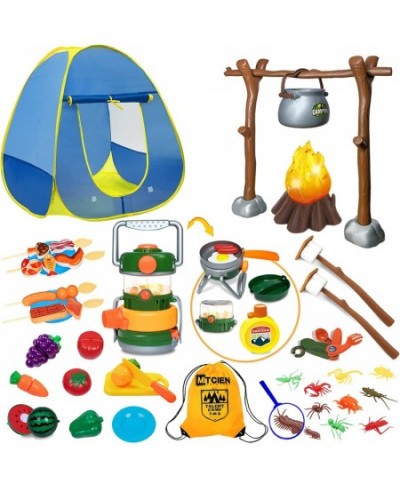 Kids Play Tent with Campfire Toddlers Camping Set Oil Lantern with Sound Cut Up Fruits Marshmallow Skewers Pretend Camping To...