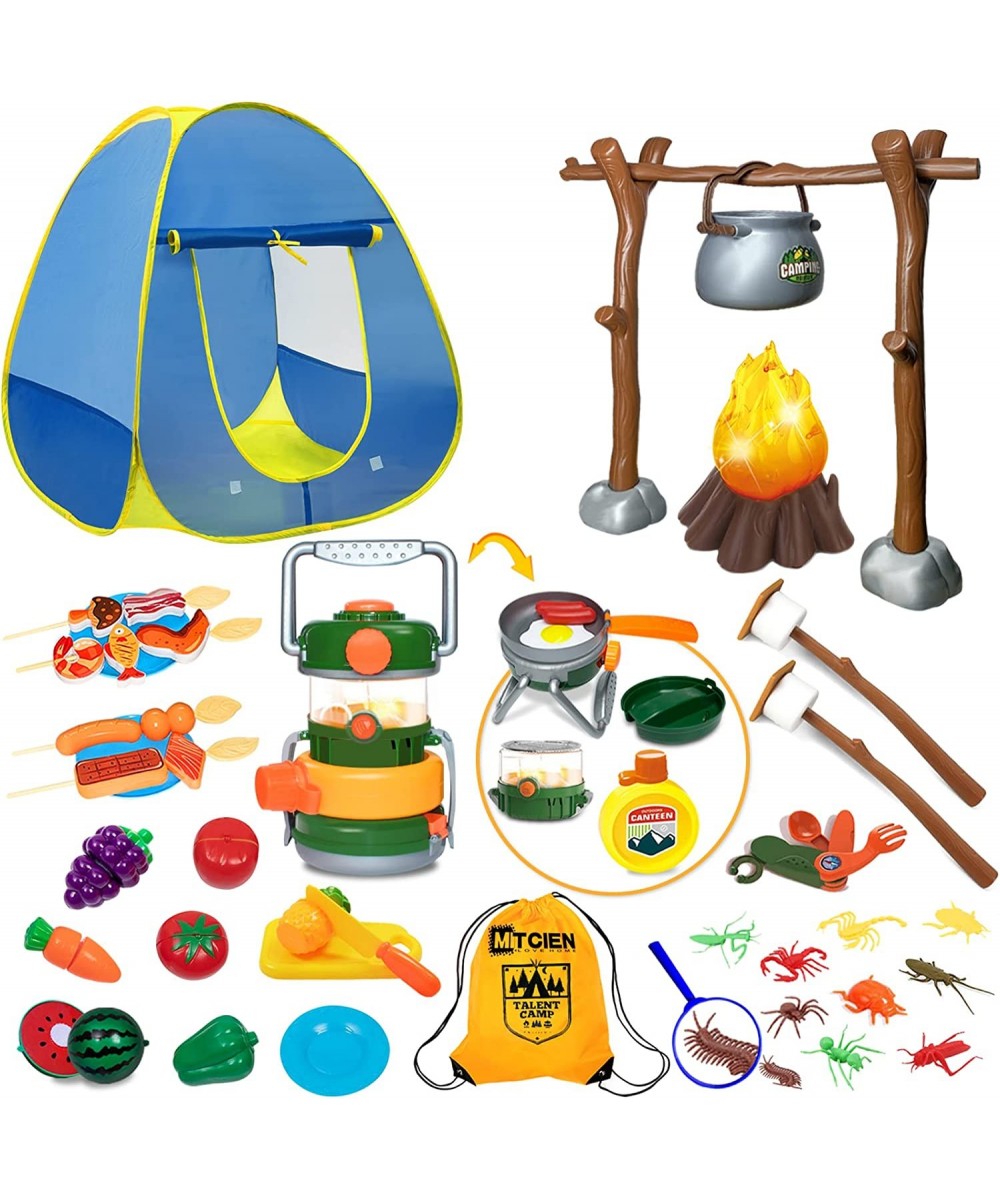 Kids Play Tent with Campfire Toddlers Camping Set Oil Lantern with Sound Cut Up Fruits Marshmallow Skewers Pretend Camping To...