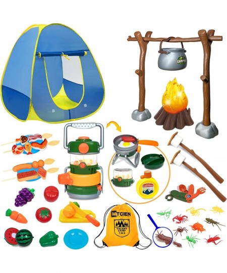 Kids Play Tent with Campfire Toddlers Camping Set Oil Lantern with Sound Cut Up Fruits Marshmallow Skewers Pretend Camping To...