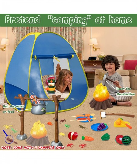 Kids Play Tent with Campfire Toddlers Camping Set Oil Lantern with Sound Cut Up Fruits Marshmallow Skewers Pretend Camping To...