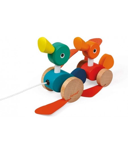 Zigolos Pull Along Duck Family Early Learning and Motor Skills Toy with Flapping Feet Made of Beech and Cherry Wood for Ages ...