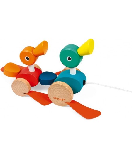 Zigolos Pull Along Duck Family Early Learning and Motor Skills Toy with Flapping Feet Made of Beech and Cherry Wood for Ages ...