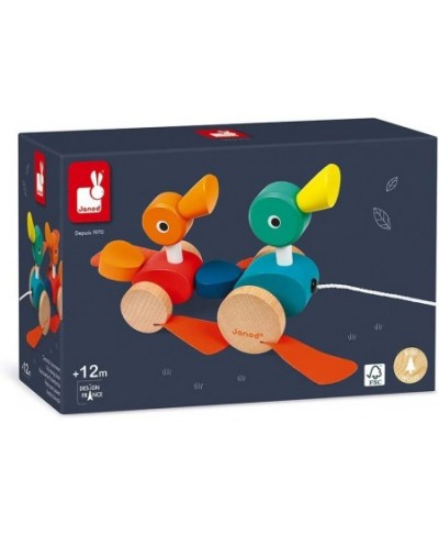 Zigolos Pull Along Duck Family Early Learning and Motor Skills Toy with Flapping Feet Made of Beech and Cherry Wood for Ages ...