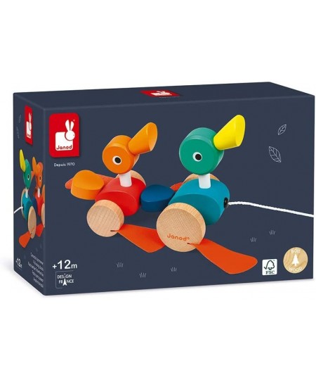 Zigolos Pull Along Duck Family Early Learning and Motor Skills Toy with Flapping Feet Made of Beech and Cherry Wood for Ages ...