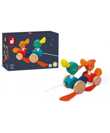 Zigolos Pull Along Duck Family Early Learning and Motor Skills Toy with Flapping Feet Made of Beech and Cherry Wood for Ages ...