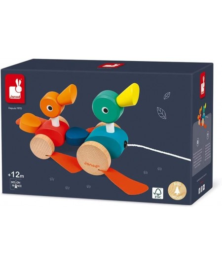 Zigolos Pull Along Duck Family Early Learning and Motor Skills Toy with Flapping Feet Made of Beech and Cherry Wood for Ages ...