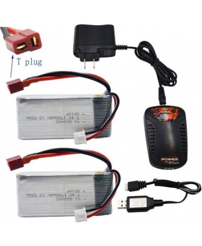 2 Pack 7.4V 1700mAh 12.58Wh 30C Lipo Battery with T Plug and Charger for 1:10 Scale 200E 9200 9200E 9205E 9206E RC Trucks 7.4...