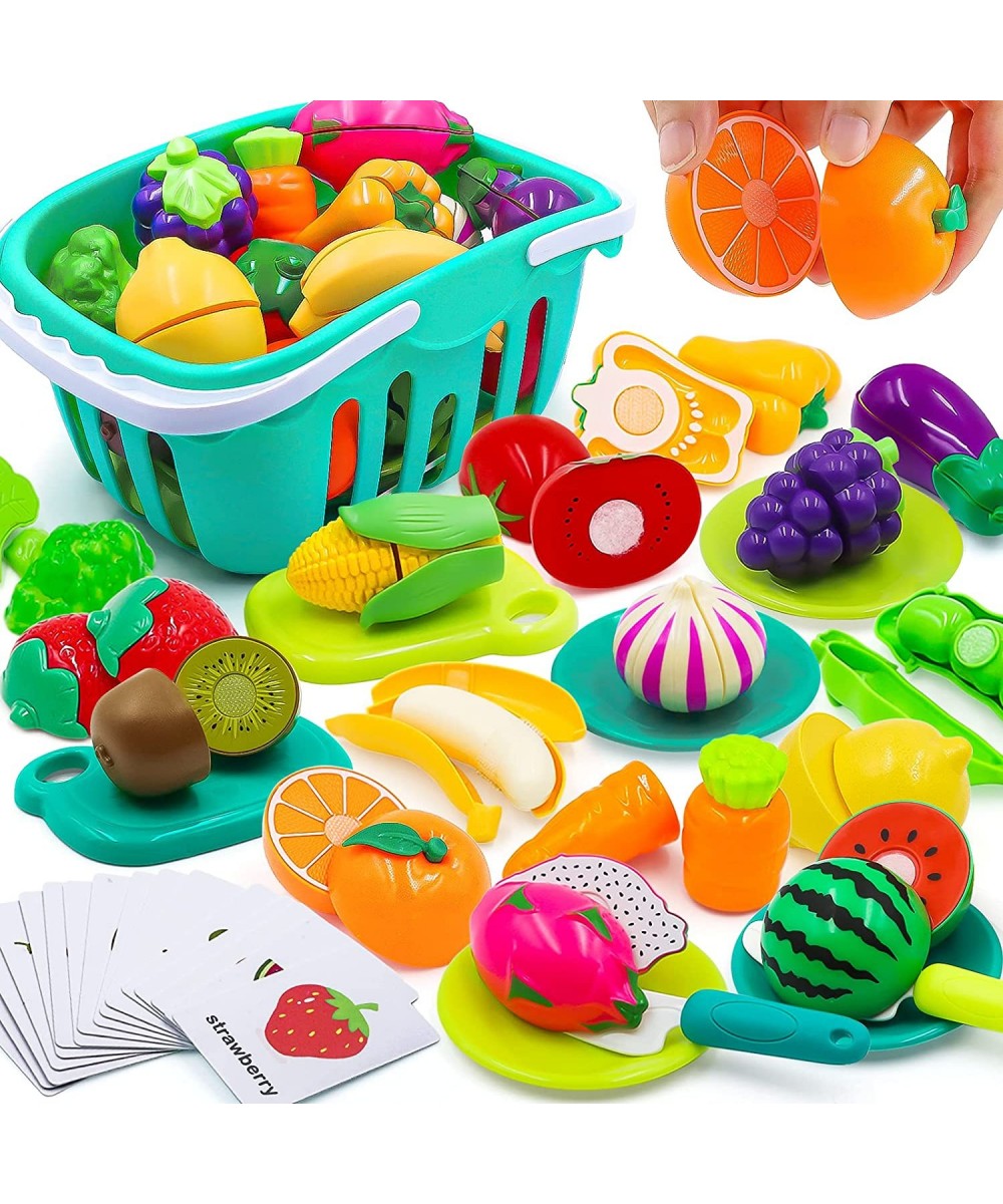 Cutting Play Food Set for Kids Kitchen 63 PCS Play Kitchen Accessories with Shopping Basket Mini Dishes Play Vegetable Fruit ...