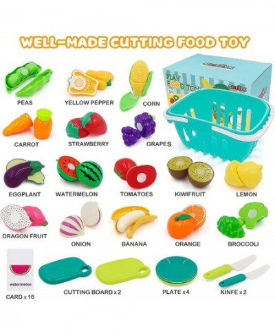 Cutting Play Food Set for Kids Kitchen 63 PCS Play Kitchen Accessories with Shopping Basket Mini Dishes Play Vegetable Fruit ...