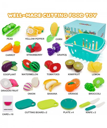 Cutting Play Food Set for Kids Kitchen 63 PCS Play Kitchen Accessories with Shopping Basket Mini Dishes Play Vegetable Fruit ...