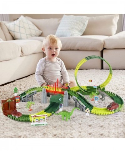 Dinosaur Racing Track Toys-193 pcs Create A Dinosaur World Road Race-Flexible Track Playset 2 Dinosaurs and 1 Race Car Toys f...