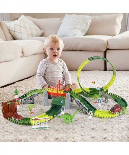 Dinosaur Racing Track Toys-193 pcs Create A Dinosaur World Road Race-Flexible Track Playset 2 Dinosaurs and 1 Race Car Toys f...