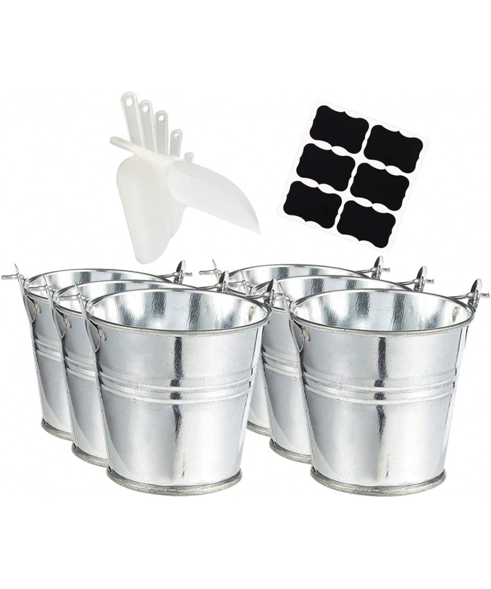 Large Galvanized Metal Buckets with Chalkboard Stickers and 5.5" Mini Plastic Kitchen Scoops -Set of 6 Pails with Stickers an...