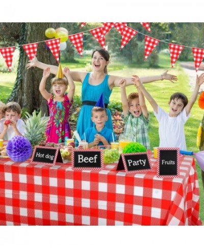 2 Pieces Red and White Gingham Checkered Table Covers Plastic Picnic Rectangle Tablecloth 51 x 72 Inch with 16 Chalkboard Ten...