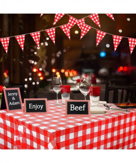 2 Pieces Red and White Gingham Checkered Table Covers Plastic Picnic Rectangle Tablecloth 51 x 72 Inch with 16 Chalkboard Ten...