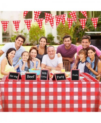 2 Pieces Red and White Gingham Checkered Table Covers Plastic Picnic Rectangle Tablecloth 51 x 72 Inch with 16 Chalkboard Ten...