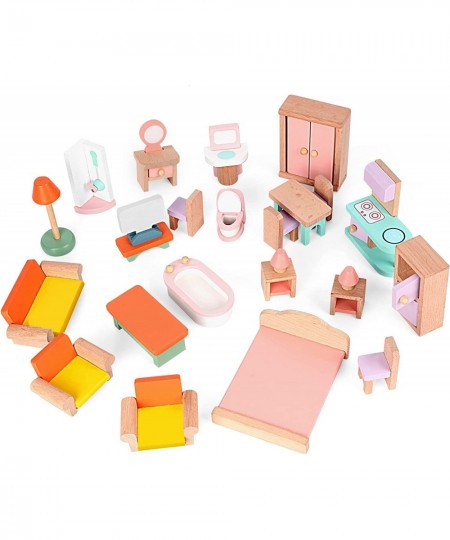 Wooden Dollhouse Furniture Set Miniature Dollhouse Accessories 24 PCS for Kids Boys Girls Doll House Furnishings with Dining ...