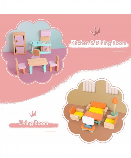 Wooden Dollhouse Furniture Set Miniature Dollhouse Accessories 24 PCS for Kids Boys Girls Doll House Furnishings with Dining ...