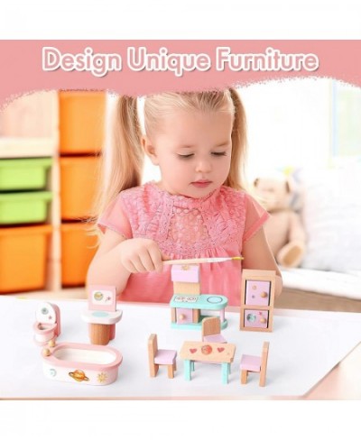 Wooden Dollhouse Furniture Set Miniature Dollhouse Accessories 24 PCS for Kids Boys Girls Doll House Furnishings with Dining ...