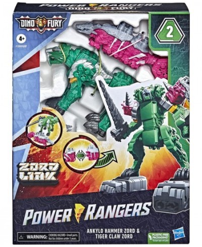 Dino Fury Pink Ankylo Hammer and Green Tiger Claw Zord Toys for Kids Ages 4 and Up Zord Link Mix-and-Match Custom Build Syste...