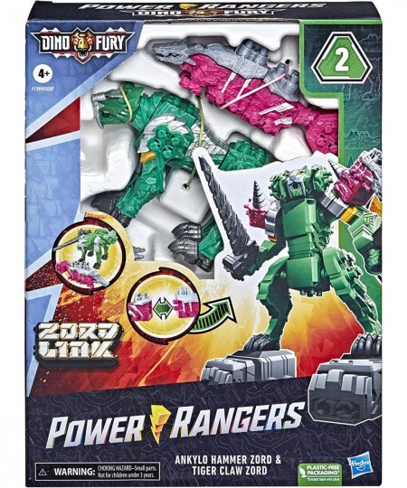 Dino Fury Pink Ankylo Hammer and Green Tiger Claw Zord Toys for Kids Ages 4 and Up Zord Link Mix-and-Match Custom Build Syste...