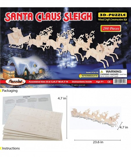 3D Puzzle Santa Claus Sleigh Wood Craft Construction Model Kit Fun & Educational DIY Wooden Toy Assemble Unfinished Crafting ...