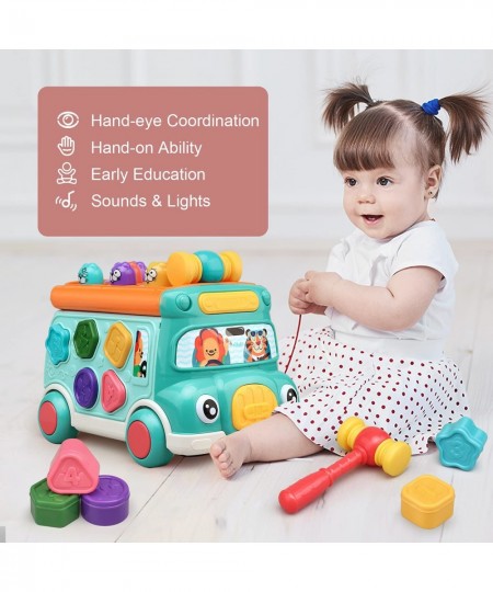 Push Pull Bus Toy Baby Musical Learning Toys with Sound & Light Whack-a-Mole Game Shape Matching Gear Toy Clock Activity Bus ...