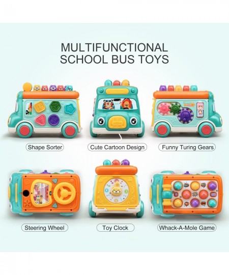 Push Pull Bus Toy Baby Musical Learning Toys with Sound & Light Whack-a-Mole Game Shape Matching Gear Toy Clock Activity Bus ...