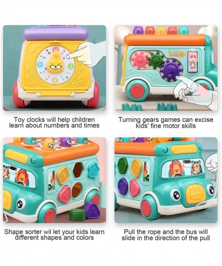 Push Pull Bus Toy Baby Musical Learning Toys with Sound & Light Whack-a-Mole Game Shape Matching Gear Toy Clock Activity Bus ...