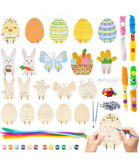 60Pcs Easter Wooden DIY Art Crafts for Kids Early Learning Painting Kits Unfinished Art Project Preschool Classroom Activitie...