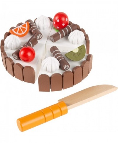 Birthday Cake-Kids Wooden Magnetic Dessert with Cutting Knife Fruit Toppings Chocolate and Vanilla Swirls-Fun Pretend Play Pa...