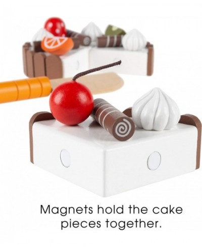 Birthday Cake-Kids Wooden Magnetic Dessert with Cutting Knife Fruit Toppings Chocolate and Vanilla Swirls-Fun Pretend Play Pa...