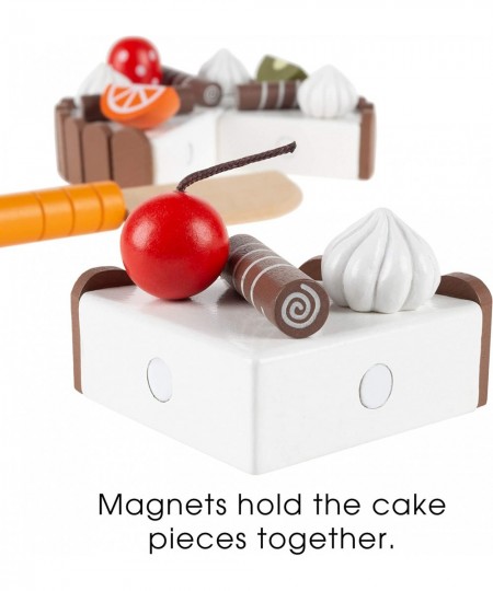 Birthday Cake-Kids Wooden Magnetic Dessert with Cutting Knife Fruit Toppings Chocolate and Vanilla Swirls-Fun Pretend Play Pa...